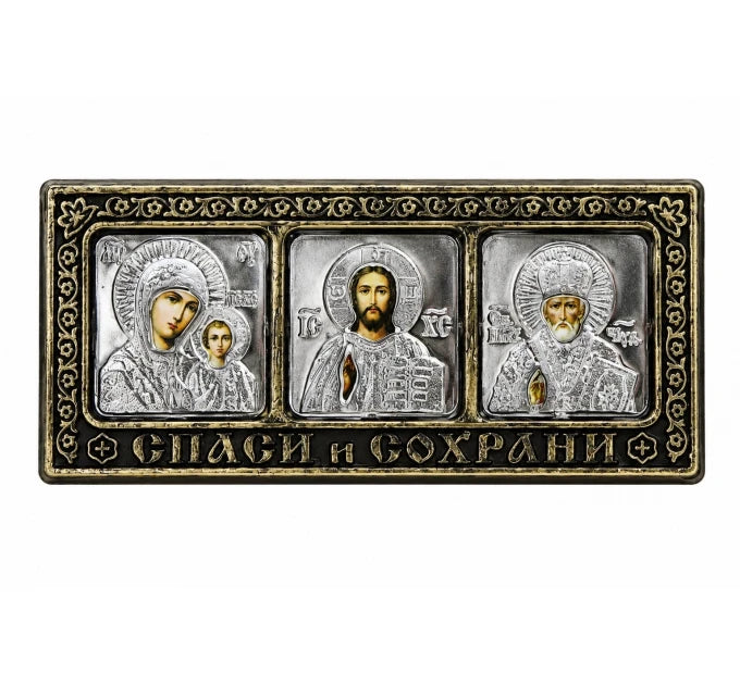 Икона в машину, триптих из пластика на липучке, 4x9 см