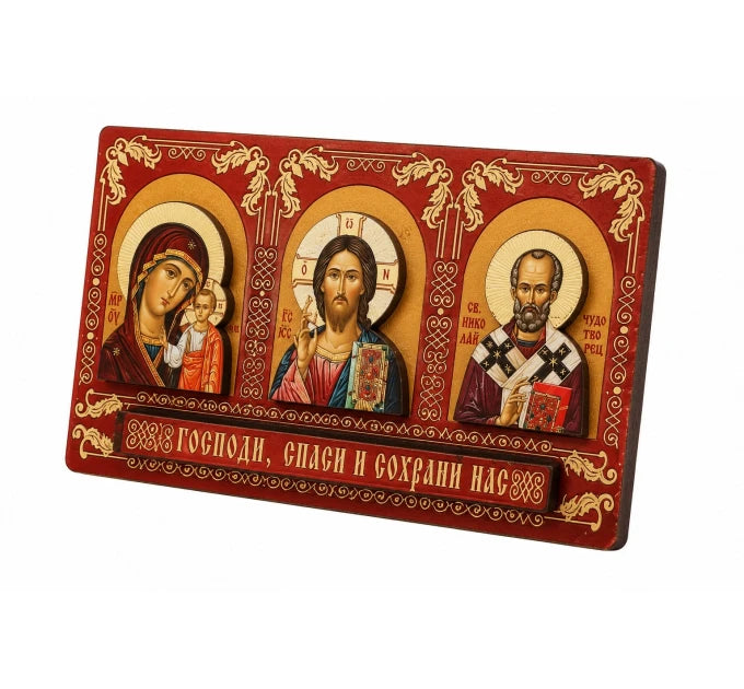Икона в машину, триптих объёмный на деревянной основе на липучке, 6x11 см