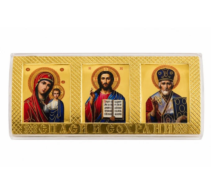 Икона в машину, триптих из пластика на липучке, 5.5x12 см
