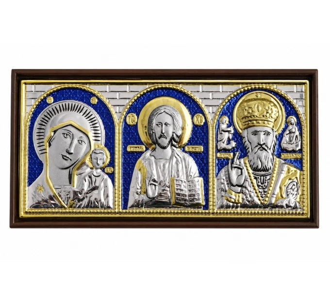 Икона в машину, триптих из метала (серебрение/цвет) на липучке, 5.5x10.5 см
