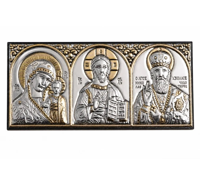 Греческая икона в машину, триптих из металла (серебрение) на липучке, 4.6x10.1 см